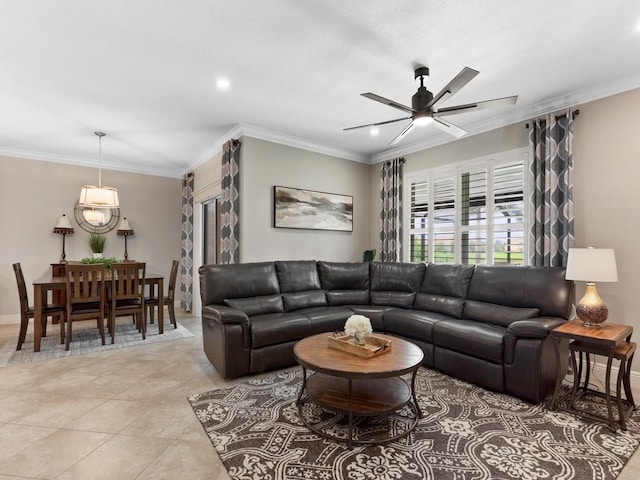 2172 Harwick Cir SW, Vero Beach, FL 32968 - living room with ceiling fan, ornamental molding, recessed lighting, baseboards, and light tile patterned flooring