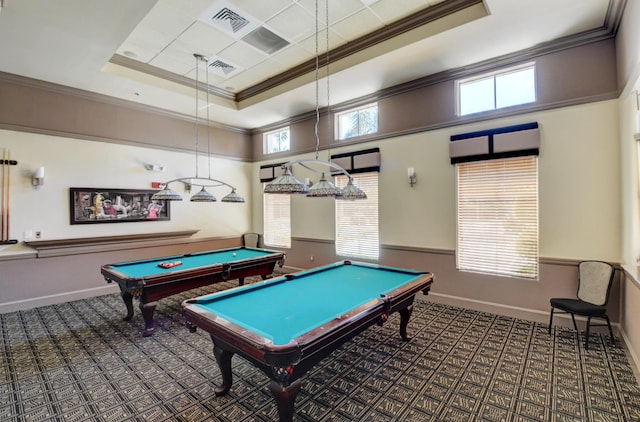 game room with a tray ceiling, carpet flooring, billiards table, ornamental molding, and baseboards