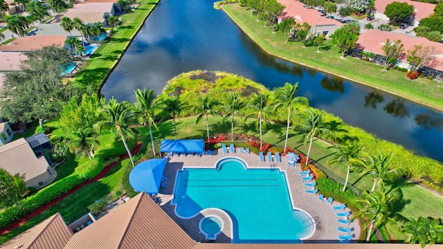 aerial view of a large body of water and a pool