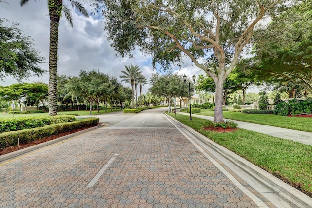 view of road with sidewalks, street lights, and curbs
