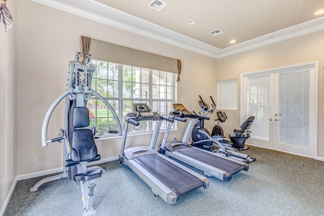 exercise area featuring french doors, ornamental molding, carpet, baseboards, and recessed lighting