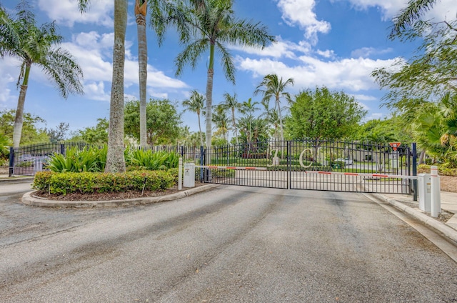 view of asphalt road with a gate, a gated entry, and curbs