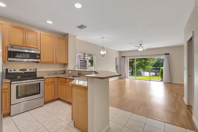 kitchen with stainless steel appliances, open floor plan, a peninsula, a sink, and plenty of natural light