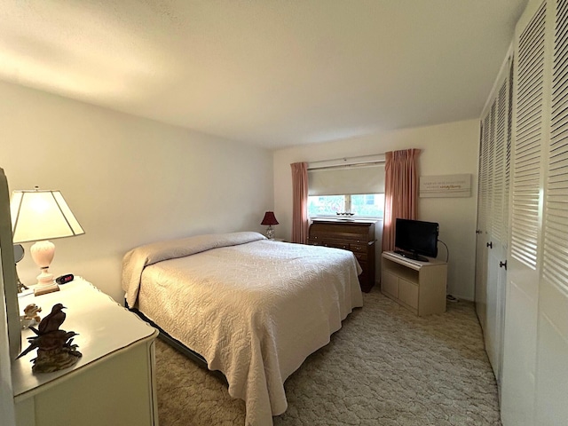 bedroom featuring light colored carpet and a closet