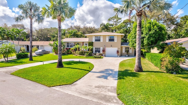 14109 Leeward Way, Palm Beach Gardens, FL 33410 - split level home featuring curved driveway, stucco siding, an attached garage, and a front lawn