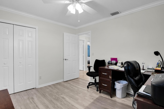 1560 SW 16th St, Boca Raton, FL 33486 - home office with crown molding, light wood finished floors, ceiling fan, and baseboards