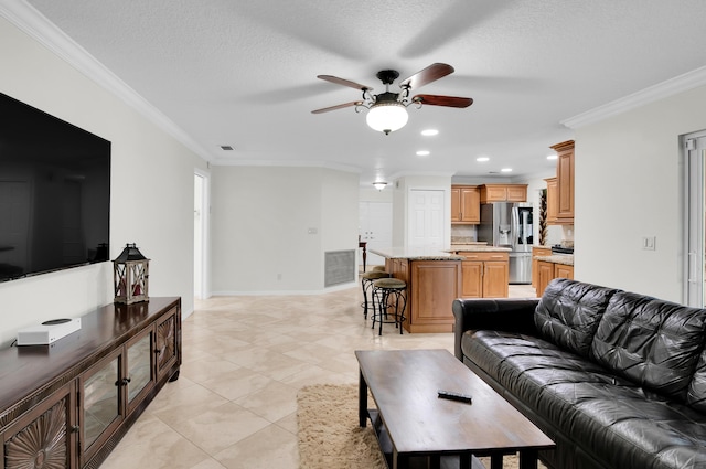 1560 SW 16th St, Boca Raton, FL 33486 - living room featuring ceiling fan, ornamental molding, recessed lighting, baseboards, and light tile patterned floors
