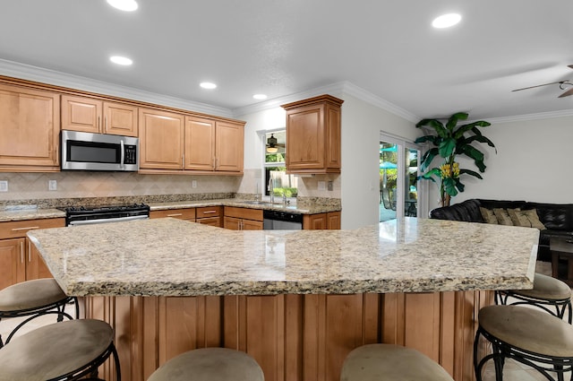 1560 SW 16th St, Boca Raton, FL 33486 - kitchen with appliances with stainless steel finishes, open floor plan, backsplash, crown molding, and a breakfast bar
