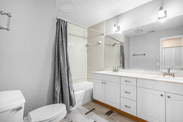 21212 Escondido Way, Boca Raton, FL 33433 - full bath with toilet, a textured ceiling, shower / bath combination with curtain, double vanity, and a textured wall