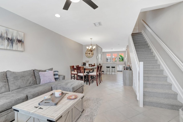 609 Amador Ln Unit 4, West Palm Beach, FL 33401 - living room with stairs, a chandelier, a ceiling fan, light tile patterned floors, and recessed lighting