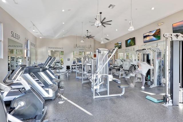 609 Amador Ln Unit 4, West Palm Beach, FL 33401 - workout area featuring a ceiling fan and high vaulted ceiling