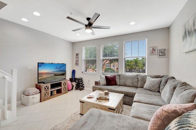 609 Amador Ln Unit 4, West Palm Beach, FL 33401 - living room featuring ceiling fan, light tile patterned flooring, recessed lighting, and baseboards
