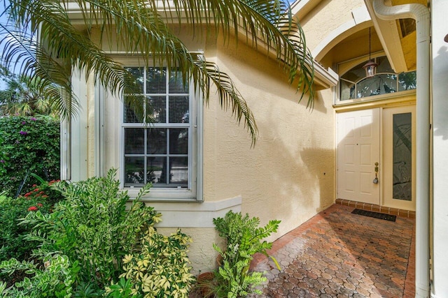 doorway to property with stucco siding