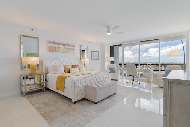 100 Lakeshore Dr Unit 1954, North Palm Beach, FL 33408 - bedroom featuring a ceiling fan, a wall of windows, baseboards, and light tile patterned flooring