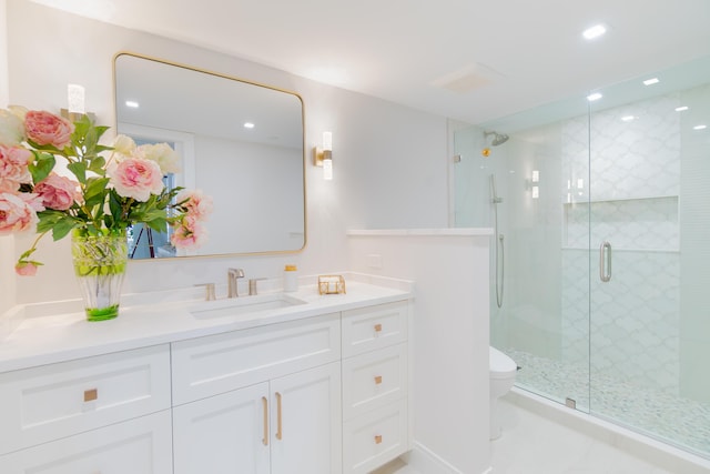 100 Lakeshore Dr Unit 1954, North Palm Beach, FL 33408 - full bath featuring vanity, toilet, a stall shower, and recessed lighting