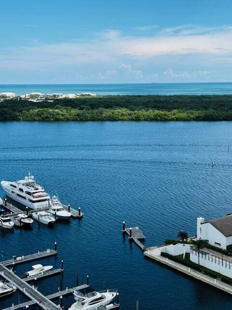 water view featuring a dock