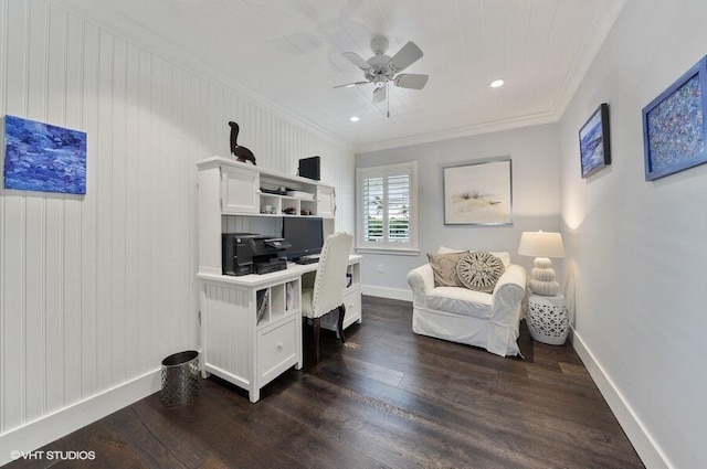 3421 S Ocean Blvd Unit 1, Highland Beach, FL 33487 - office space with crown molding, dark wood-type flooring, baseboards, a ceiling fan, and recessed lighting