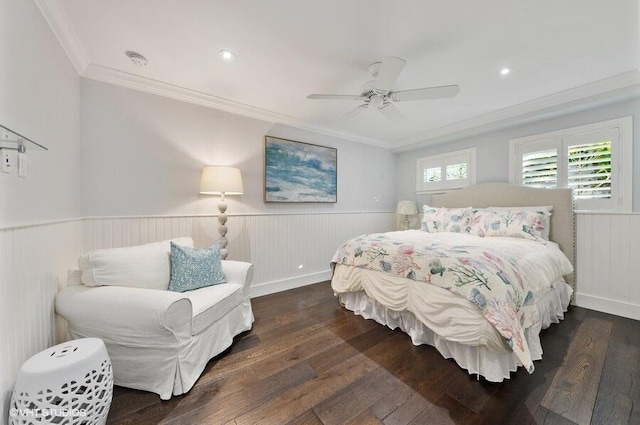 3421 S Ocean Blvd Unit 1, Highland Beach, FL 33487 - bedroom featuring crown molding, a wainscoted wall, wood finished floors, and ceiling fan
