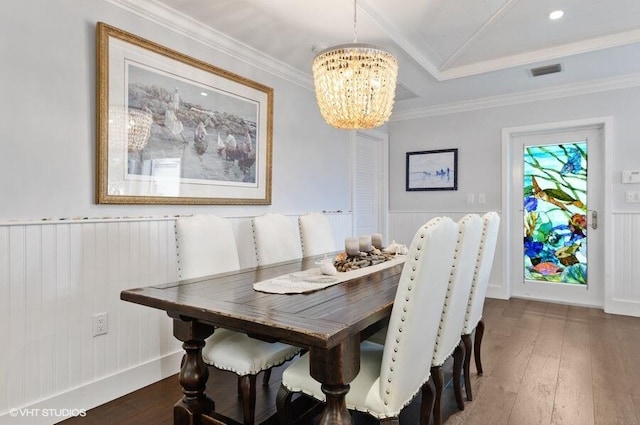3421 S Ocean Blvd Unit 1, Highland Beach, FL 33487 - dining area with a chandelier, wood-type flooring, wainscoting, lofted ceiling, and crown molding