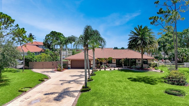 mediterranean / spanish-style home with driveway, a tiled roof, a garage, and stucco siding