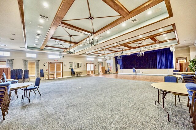 miscellaneous room featuring carpet floors, beamed ceiling, coffered ceiling, and recessed lighting