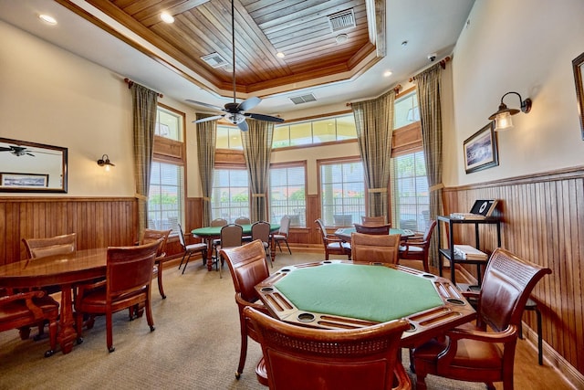 recreation room with wood ceiling, ceiling fan, a tray ceiling, a wainscoted wall, and wooden walls