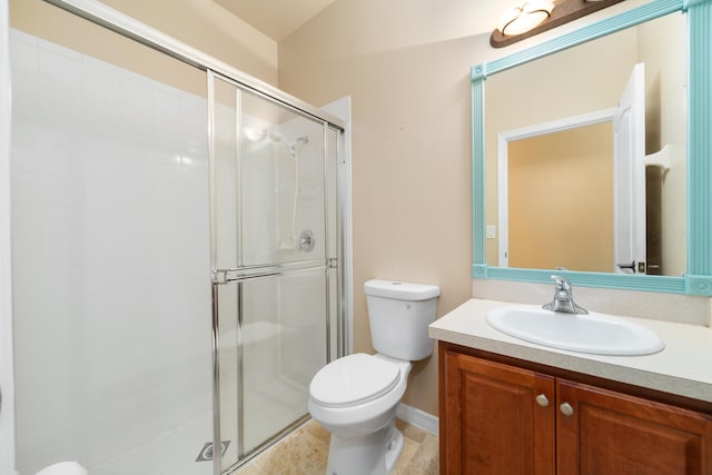 full bath with toilet, a shower stall, and vanity