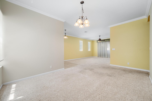 unfurnished room with ornamental molding, baseboards, light colored carpet, a ceiling fan, and a chandelier
