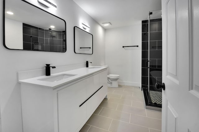 7884 Seville Pl Unit 1301, Boca Raton, FL 33433 - bathroom featuring tile patterned flooring, a stall shower, double vanity, and toilet