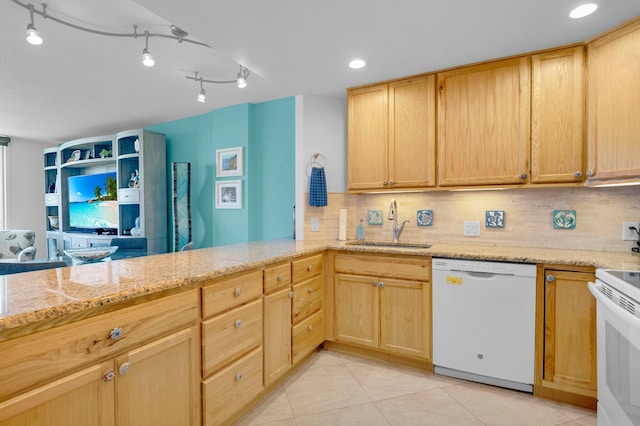 2121 N Ocean Blvd Unit 1203W, Boca Raton, FL 33431 - kitchen featuring white appliances, a sink, decorative backsplash, light tile patterned floors, and light stone countertops