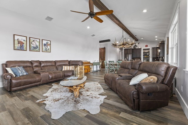 1545 Pulitzer Rd, Fort Pierce, FL 34945 - living area with a ceiling fan, a chandelier, recessed lighting, dark wood-style floors, and baseboards