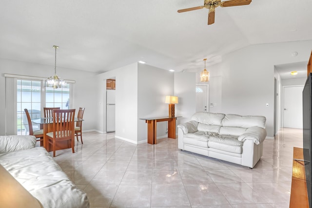 1265 Pine Sage Cir, West Palm Beach, FL 33409 - living room featuring lofted ceiling, a ceiling fan, a chandelier, and light marble finish floors