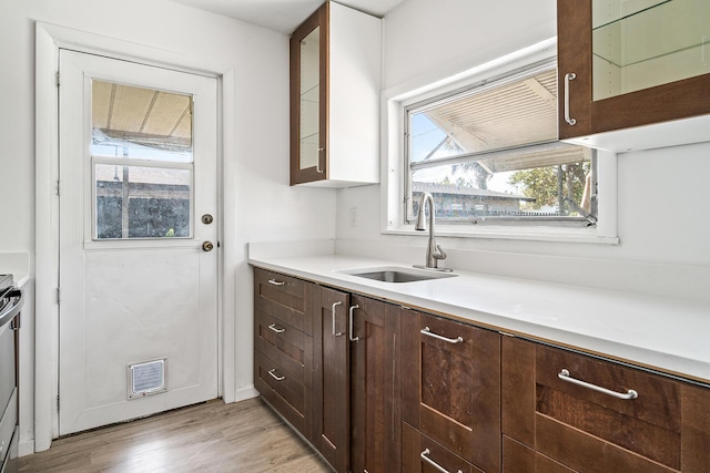 604 W Ocean Ave, Lantana, FL 33462 - kitchen with a sink, dark brown cabinets, glass insert cabinets, light wood-style flooring, and light countertops