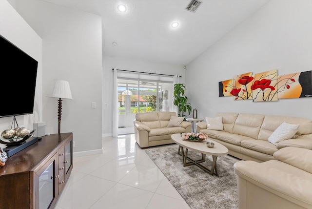 8237 Via Di Veneto, Boca Raton, FL 33496 - living room featuring light tile patterned floors, vaulted ceiling, recessed lighting, and baseboards