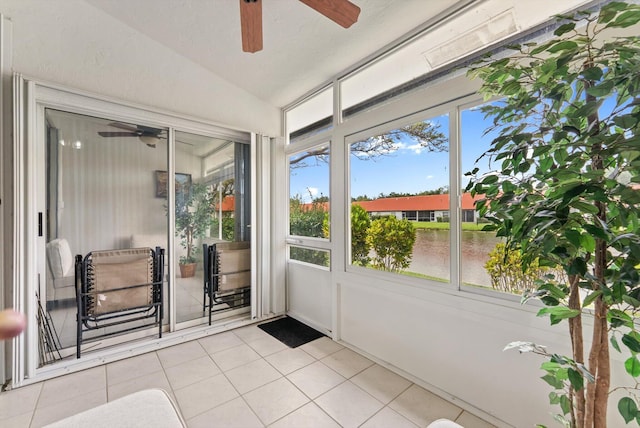 8237 Via Di Veneto, Boca Raton, FL 33496 - unfurnished sunroom featuring ceiling fan, lofted ceiling, and a water view