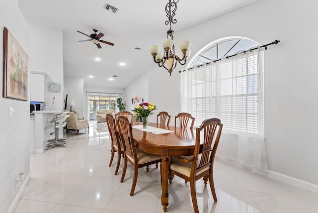 8237 Via Di Veneto, Boca Raton, FL 33496 - dining space featuring light tile patterned floors, ceiling fan, baseboards, a chandelier, and recessed lighting