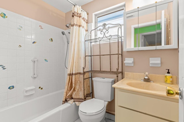 full bathroom featuring toilet, shower / bath combo, and vanity