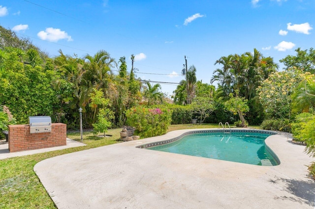 swimming pool featuring an outdoor kitchen, a patio, and grilling area