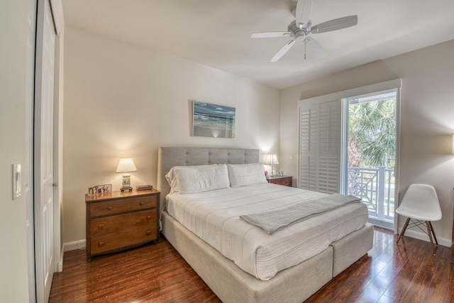 1330 S Jeaga Dr, Jupiter, FL 33458 - bedroom featuring dark wood-type flooring, baseboards, access to exterior, and ceiling fan