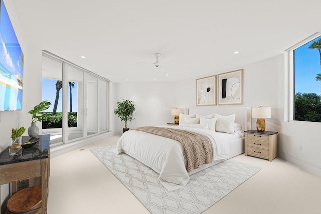 bedroom featuring multiple windows, ceiling fan, and recessed lighting