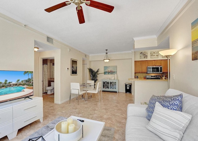 9857 Baywinds Dr Unit 9302, West Palm Beach, FL 33411 - living area featuring a ceiling fan and ornamental molding