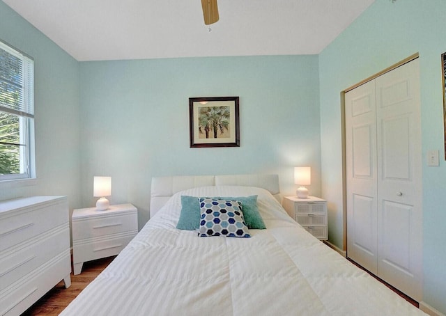 9857 Baywinds Dr Unit 9302, West Palm Beach, FL 33411 - bedroom featuring a closet, dark wood-style flooring, and ceiling fan