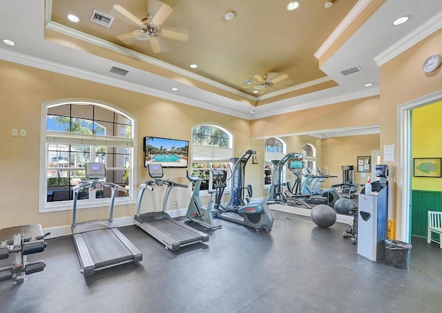 9857 Baywinds Dr Unit 9302, West Palm Beach, FL 33411 - gym featuring a ceiling fan, a tray ceiling, ornamental molding, recessed lighting, and baseboards