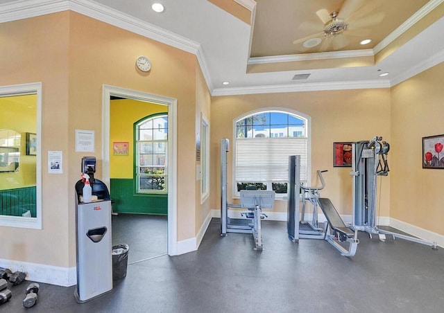 9857 Baywinds Dr Unit 9302, West Palm Beach, FL 33411 - gym featuring baseboards, healthy amount of natural light, crown molding, a ceiling fan, and recessed lighting