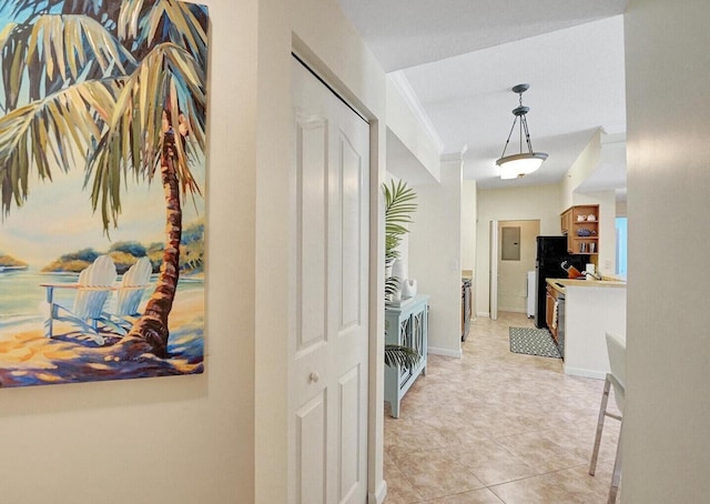 9857 Baywinds Dr Unit 9302, West Palm Beach, FL 33411 - hall featuring electric panel, ornamental molding, and light tile patterned flooring
