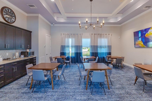 745 SE Bloomfield Rd, Port Saint Lucie, FL 34984 - dining room with a chandelier, a high ceiling, ornamental molding, baseboards, and coffered ceiling