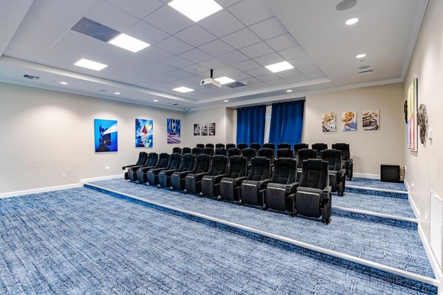 745 SE Bloomfield Rd, Port Saint Lucie, FL 34984 - home theater with carpet floors, a tray ceiling, baseboards, a paneled ceiling, and recessed lighting