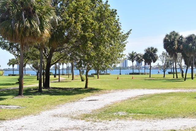 view of community with a yard and a water view