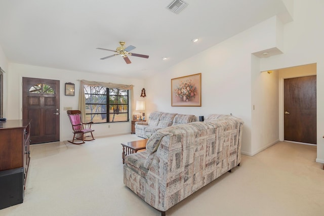 living room featuring light carpet, a ceiling fan, baseboards, lofted ceiling, and recessed lighting