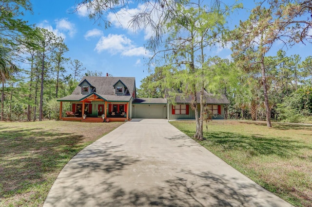 11868 161st St N, Jupiter, FL 33478 - view of front of home featuring covered porch, a garage, driveway, a front lawn, and a chimney